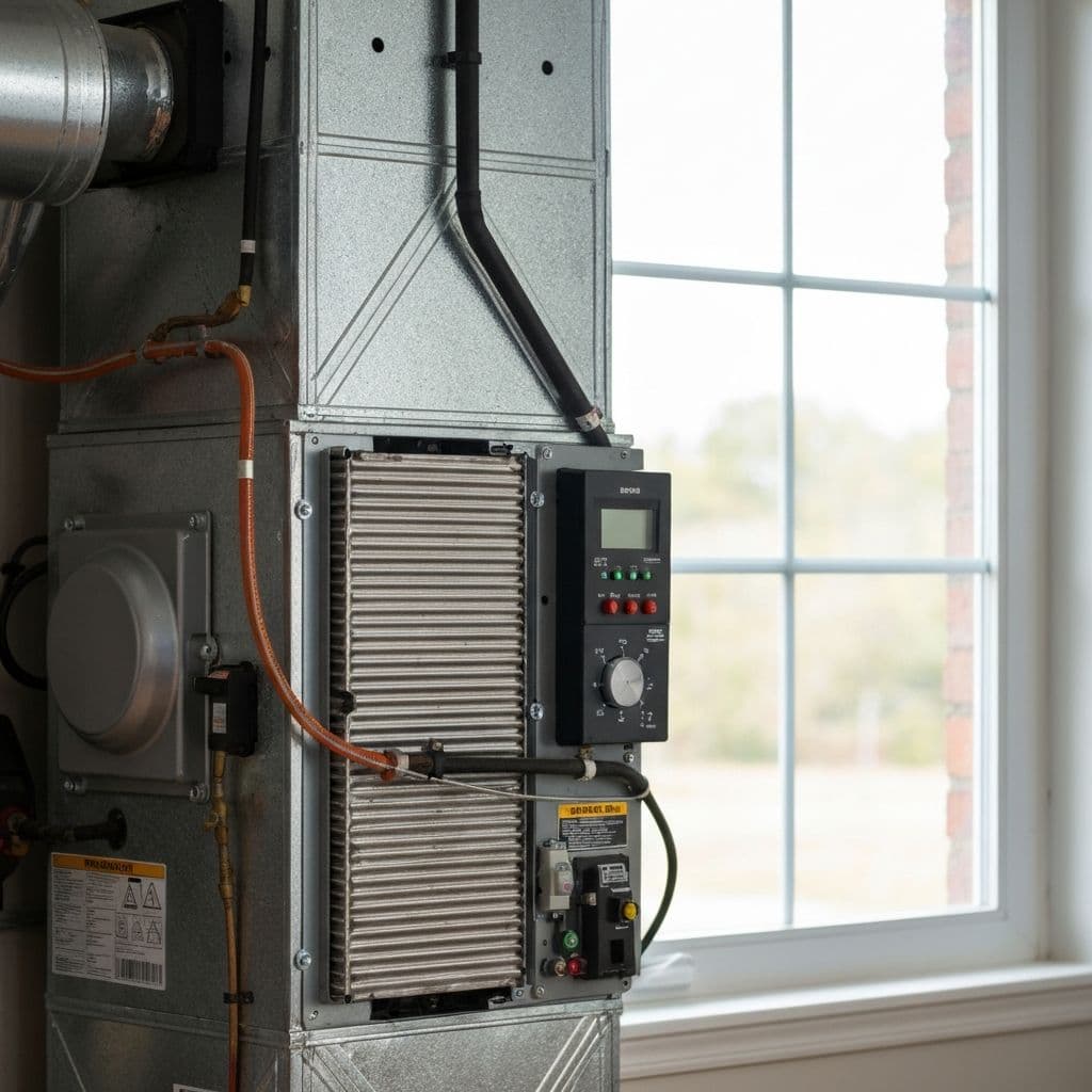 Professional Pinnacle HVAC technician servicing a gas furnace heating system in Quakertown PA